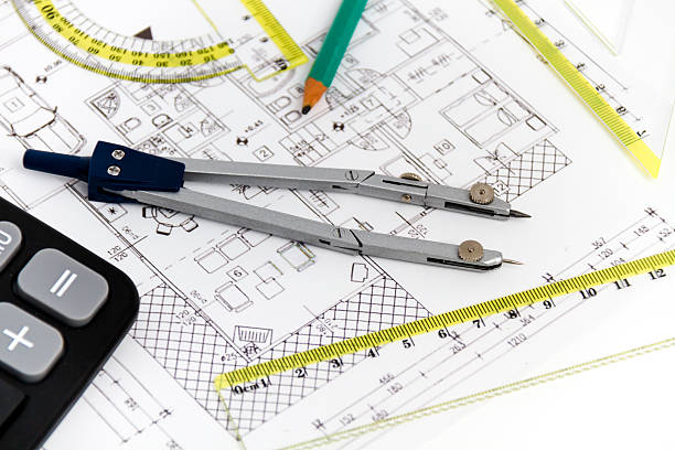 istock Architectural project, pair of compasses, rulers and calculator 470627000