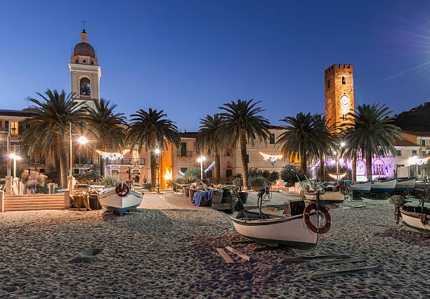 View of the beach of Noli, in the ligurian riviera and its boats