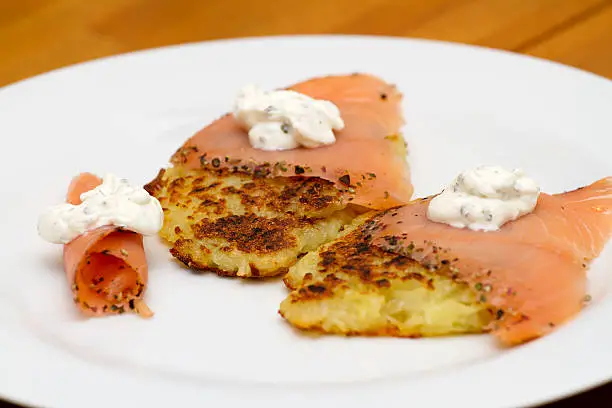 Potato pancakes with salmon