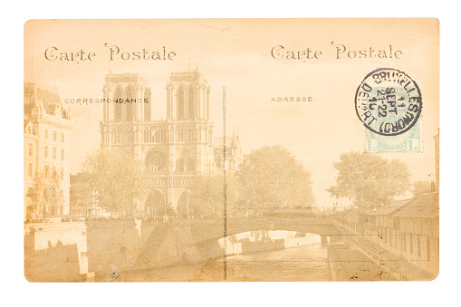 old postcard with Notre Dam de Pari cathedral church, Paris, France