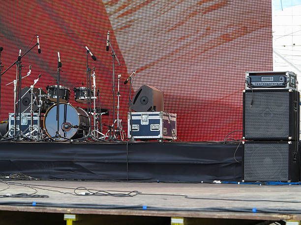 istock Drums set, powerfull speakers, amplifiers and stage equipment 470637379