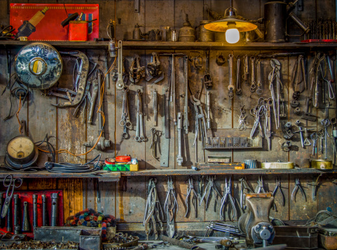 Vintage Tools Hanging On A Wall In A Tool Shed Or Workshop