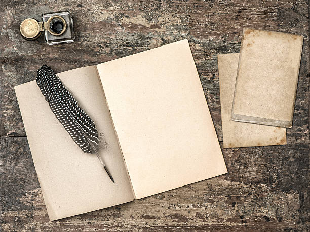 istock Open book, vintage writing tools feather pen and inkwell 470638966