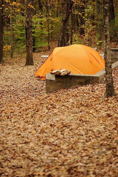 istock Orange tent in campsite 470638992