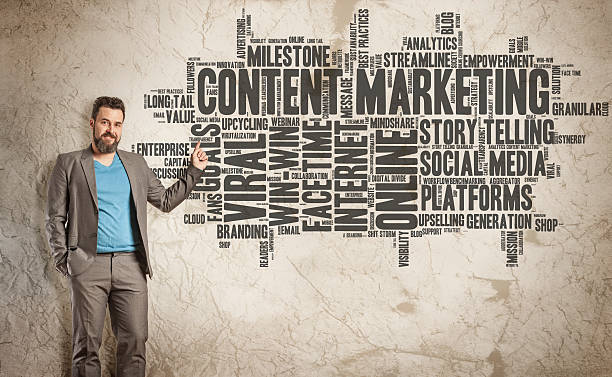 istock Content Marketing Word Cloud on Grunge Wall, Business Man 470640478