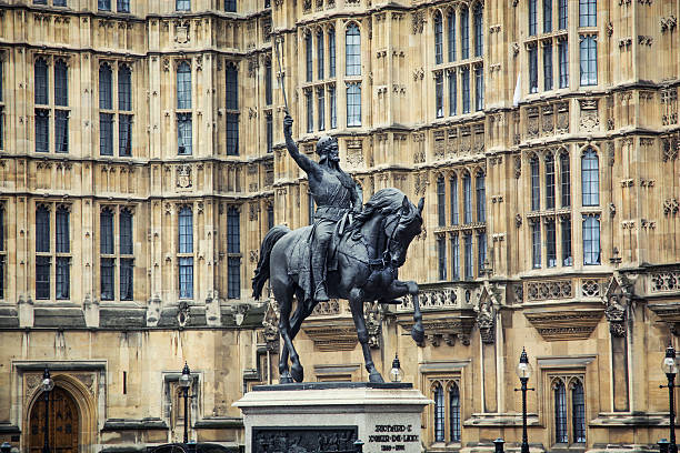 Richard Coeur de Lion statue. It stands on a granite pedestal in Old Palace Yard outside the Palace of Westminster, London.