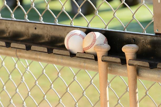 istock Baseball bats and baseballs hanging on fence 470640626