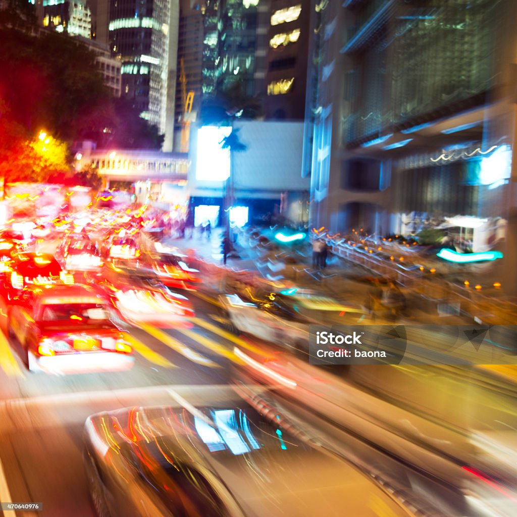 Road travel Long exposure in a moving bus at night, blurred motion. 2015 Stock Photo