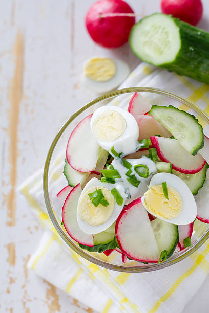 istock Radish, cucumber, egg, dill, onion yogurt salad in glass bowl 470641502