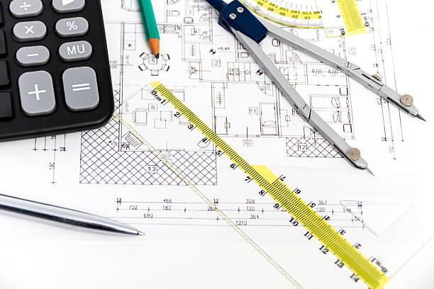 istock Architectural project, pair of compasses, rulers and calculator 470641612