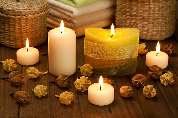 istock Spa candles with dried flowers 470644141