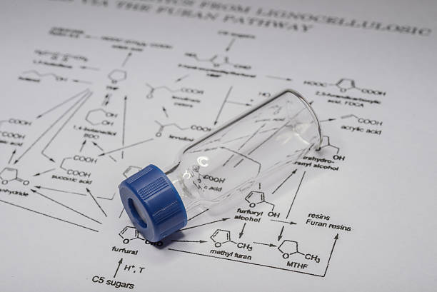 Sample vial on the paper Sample vial on paper with chemical formula chromatography stock pictures, royalty-free photos & images