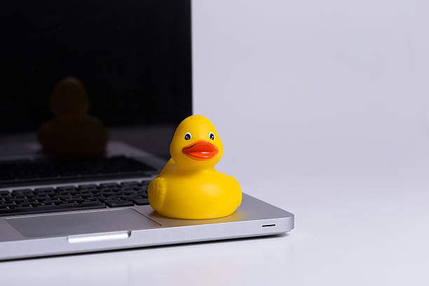 istock Yellow Duck Toy on Laptop 470644302