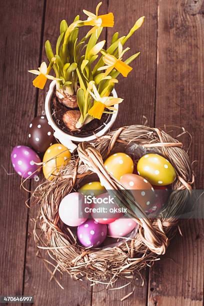 Easter Eggs In Basket Stock Photo - Download Image Now - Animal Markings, Animal Nest, Backgrounds