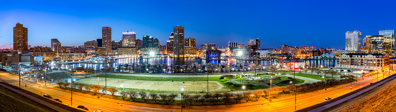 Baltimore skyline panorama at dusk, as viewed from Federal Hill