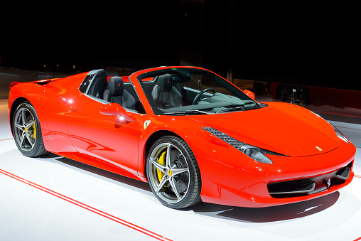 Amsterdam, The Netherlands - April 16, 2015: Ferrari 458 Spider convertible sports car on display during the 2015 Amsterdam motor show. 