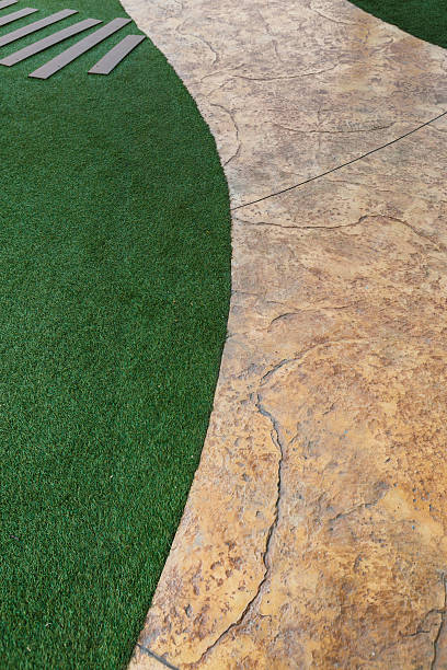 istock staircase artificial grass with wooden 470650824