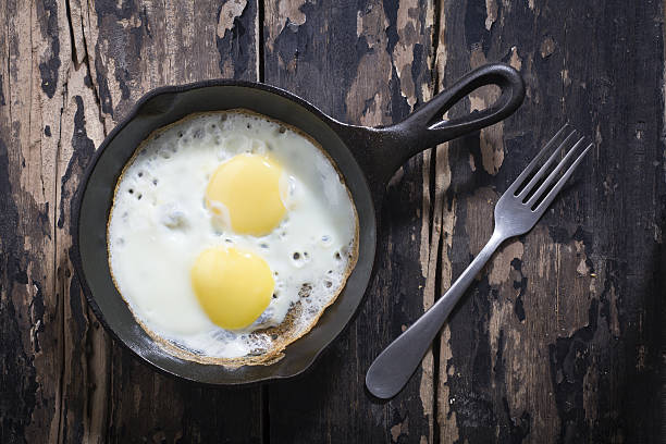 Sunny side up eggs in skillet stock photo