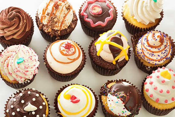 istock Overhead view of tray with cupcakes 470657776