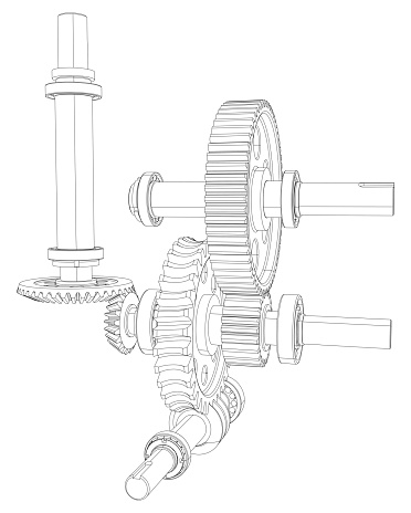 Gears with bearings and shafts. Isolated render on white background