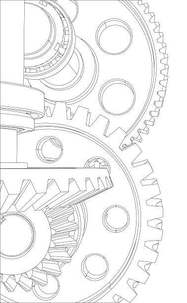 Wire-frame gears with bearings and shafts. Close-up. Render on white background