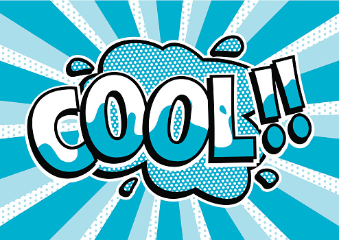 Comic strip style word 'Cool'. Retro pop art brightly colored text in blue and white. The text is on an splat background. Image is a vector so all elements are editable and infinitely scaleable with no loss of resolution.