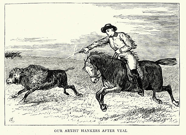 Vintage engraving of a hunter shooting at a Buffalo calf with a pistol from horseback, in the American Wild West. The Graphic, 1874