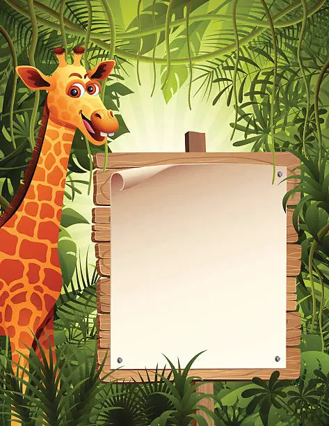 Vector illustration of Giraffe and Wooden Sign