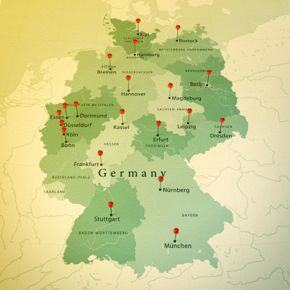 3D Render of a Map of Germany with Straight Pins at the Position of important Cities. Vintage Color Style. Very high resolution available!