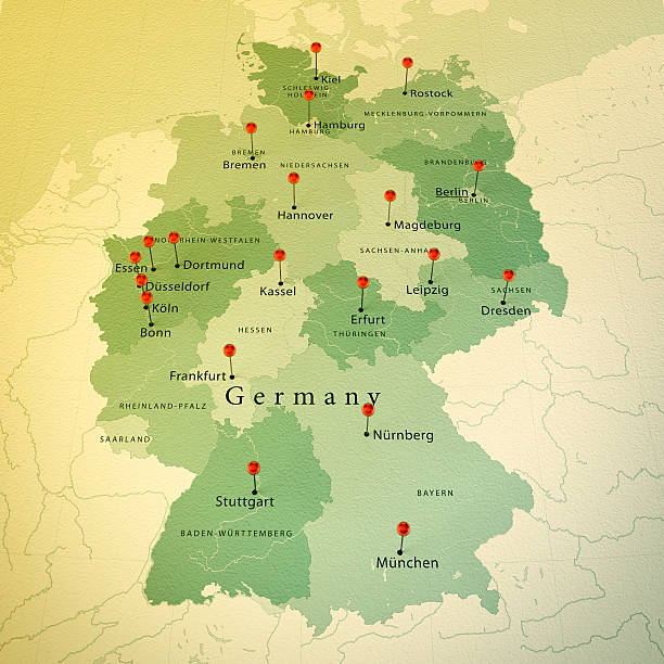 Germany Map Square Cities Straight Pin Vintage 3D Render of a Map of Germany with Straight Pins at the Position of important Cities. Vintage Color Style. Very high resolution available! bonn germany stock pictures, royalty-free photos & images