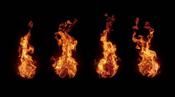 Set of burning hot fire flames isolated on black