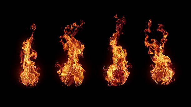 set of burning fire flames isolated on black - yangın fotoğraflar stok fotoğraflar ve resimler