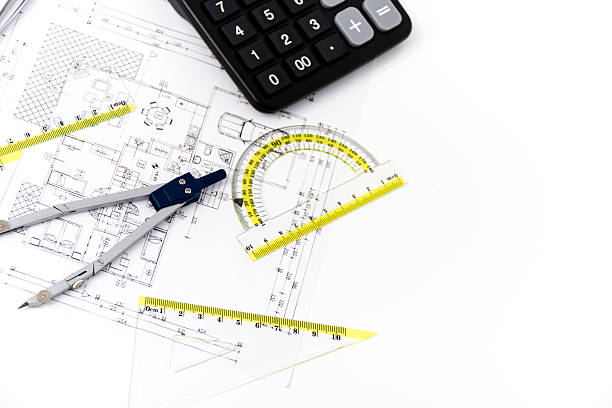 istock Architectural project, pair of compasses, rulers and calculator 470685516