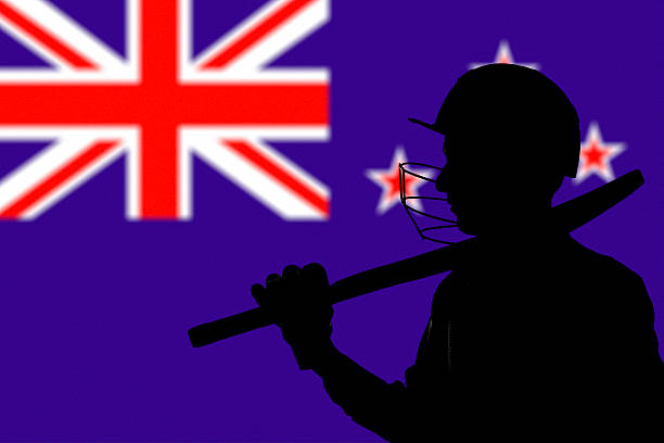 istock Cricketer silhouette on New Zealand blurred flag background 470686000