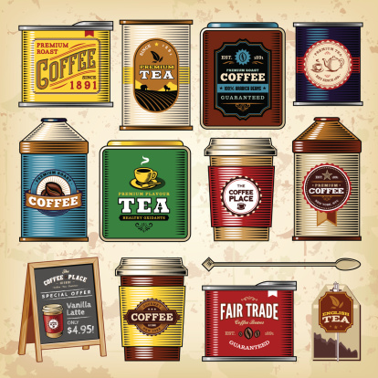 A collection of assorted coffee & tea cans and packagings. EPS 10 file, with transparencies (overall layer effects only), layered & grouped.