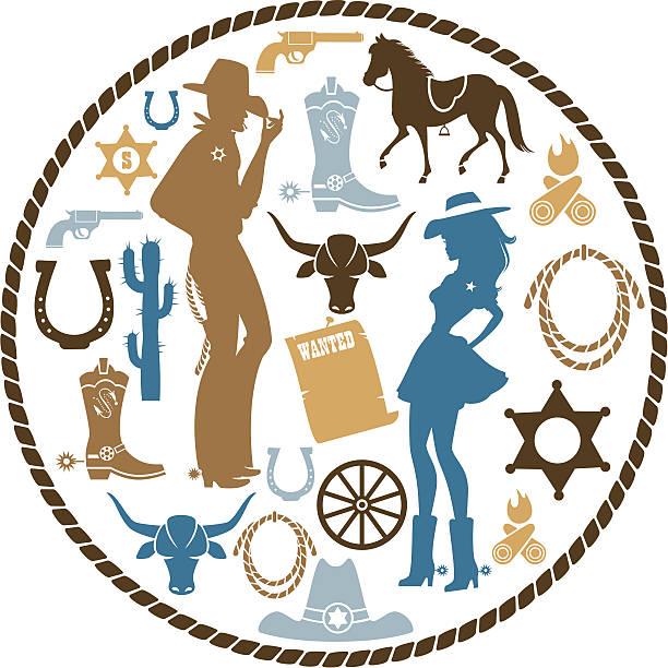 illustrazioni stock, clip art, cartoni animati e icone di tendenza di western icona set - wagon wheel