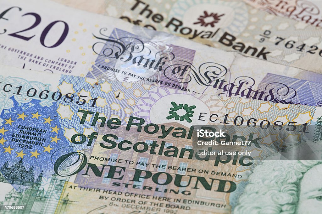 Inglés y Scottish moneda de fondo - Foto de stock de Escocia libre de derechos