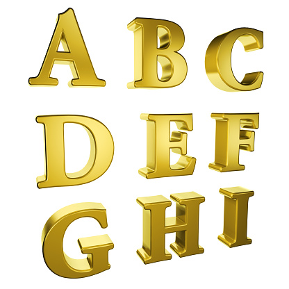 Gold alphabet A to I on a white background.