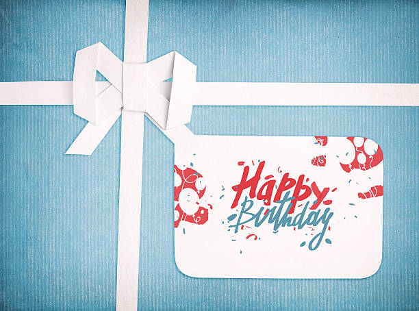 Gift ribbon and bow with Happy birthday lettering on gift tag