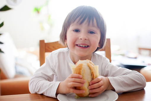 Beautiful little boy, eating sandwich at home, vegetables on the table, back light