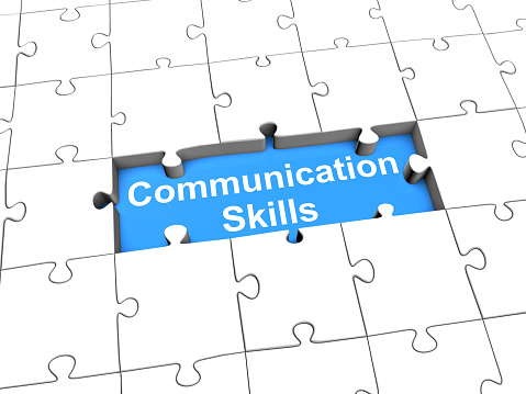 3d render of a jigsaw puzzle with missing pieces and text 'Communication Skills'