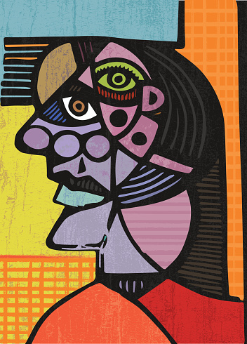 A female head in a cubist style. The illustration has 2 layers, the flat colours and outline on one layer, the textures overlaying the colours on another. Each larger colour area has a matching texture in the layer above, and changing the colours make the textures more or less obvious and prominent.