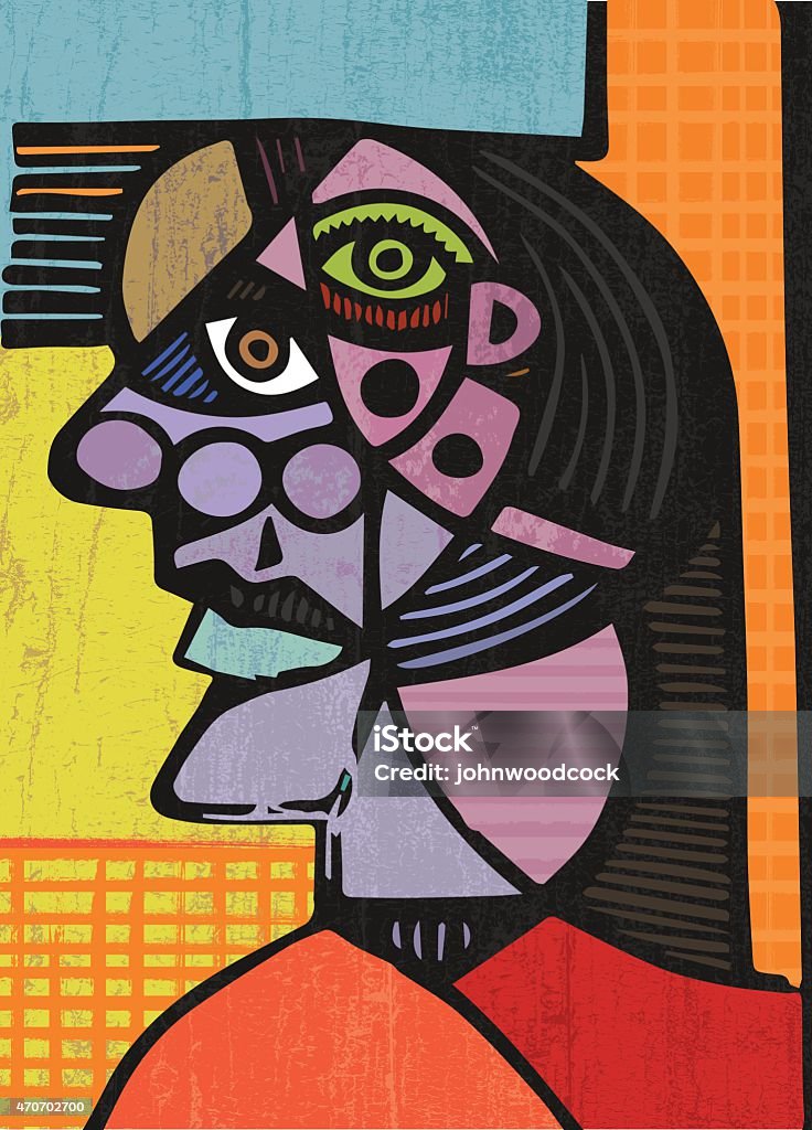 Cubist head illustration A female head in a cubist style. The illustration has 2 layers, the flat colours and outline on one layer, the textures overlaying the colours on another. Each larger colour area has a matching texture in the layer above, and changing the colours make the textures more or less obvious and prominent. Pablo Picasso stock vector