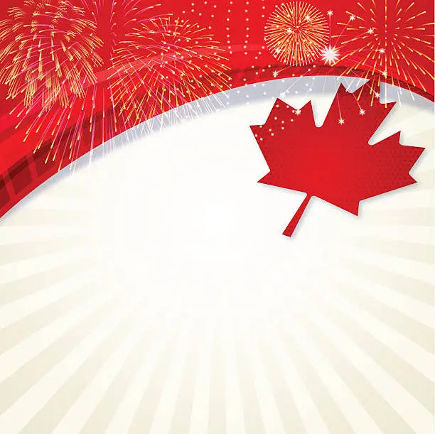 Vector illustration of Canadian themed background with fireworks and a maple leaf