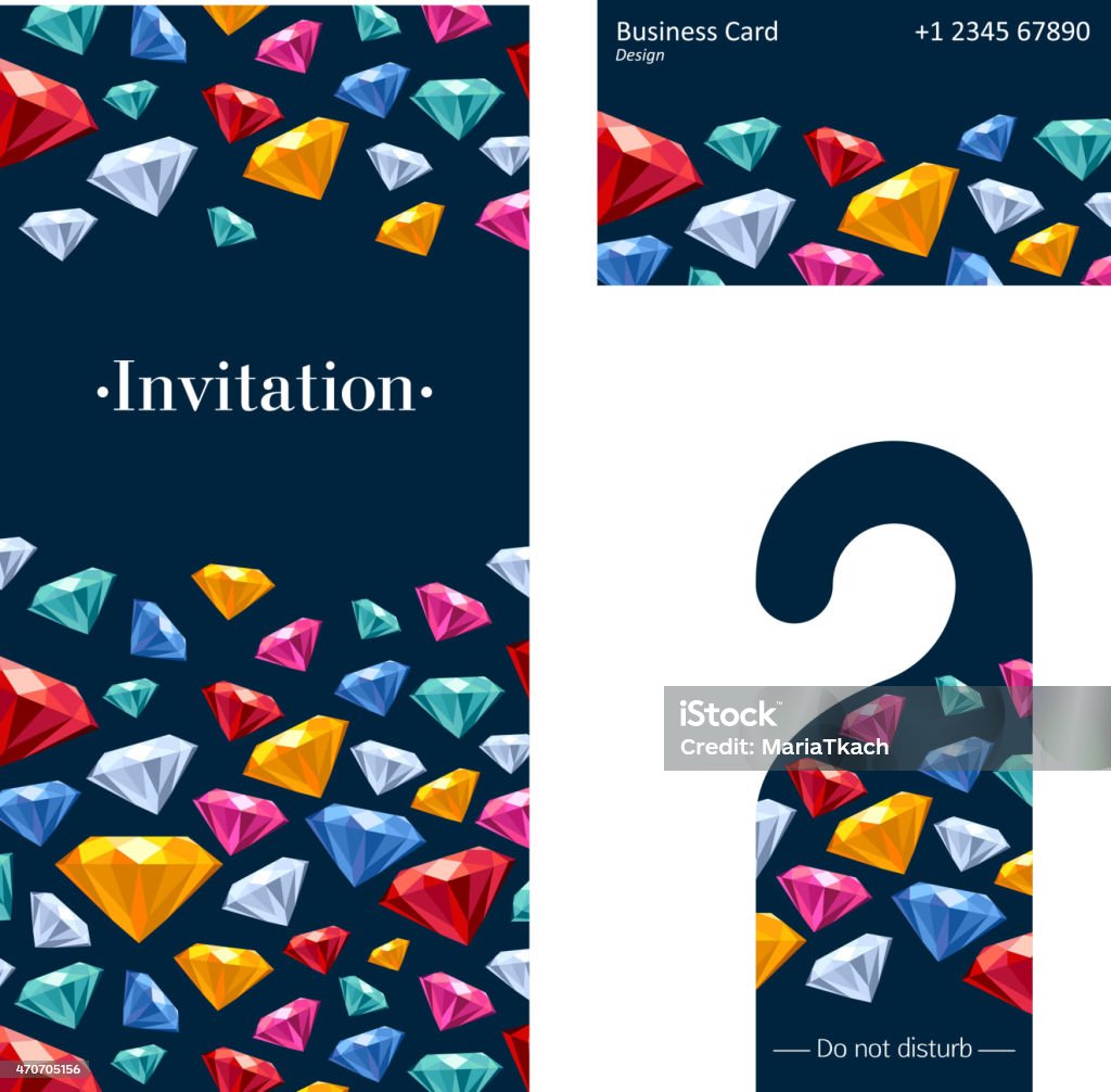 Invitation card, warning hanger and business card VIP premium invitation card, warning hanger and business card Colorful jewels gemstones design template set. 2015 stock vector
