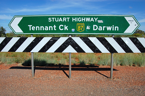 Green direction road sign at highway Australia outback