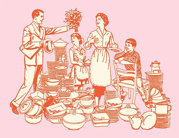 Vector illustration of Family Among Kitchen Items