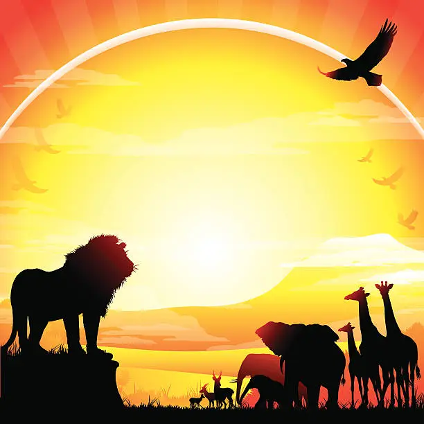 Vector illustration of African Lion, Elephants, Giraffes and Antelopes silhouettes safari against Kilimanjaro