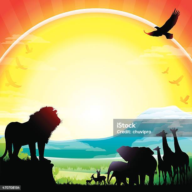 African Lion Elephants Giraffes And Antelopes Silhouettes Safari Against Kilimanjaro Stock Illustration - Download Image Now