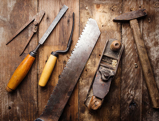 istock Od vintage hand tools on wooden background. Carpenter workplace 470708212